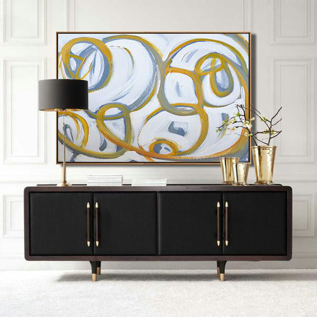 Handmade Painting Large Abstract Art,Horizontal Palette Knife Contemporary Art,Abstract Painting On Canvas,White,Yellow,Grey.etc